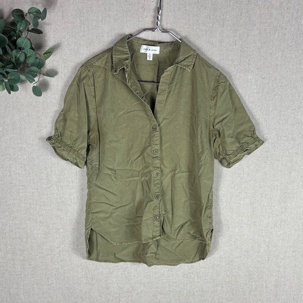 Cloth & Stone > Olive Green Tencel Button-Up Short Sleeve Shirt Small